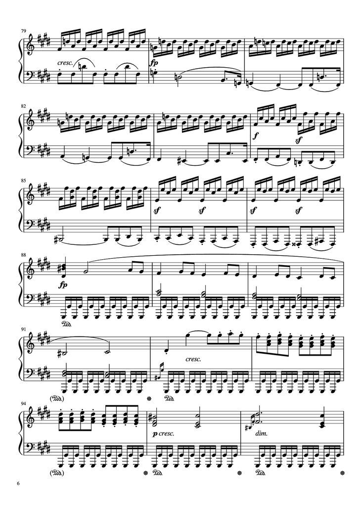 Page 6 of the piano sheet music PDF Piano - Sonata in C# Minor, Moonlight Piano by LUDWIG VAN BEETHOVEN