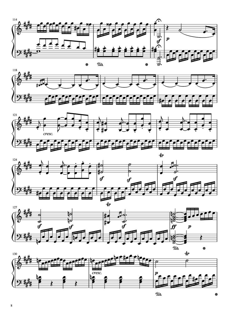 Page 8 of the piano sheet music PDF Piano - Sonata in C# Minor, Moonlight Piano by LUDWIG VAN BEETHOVEN