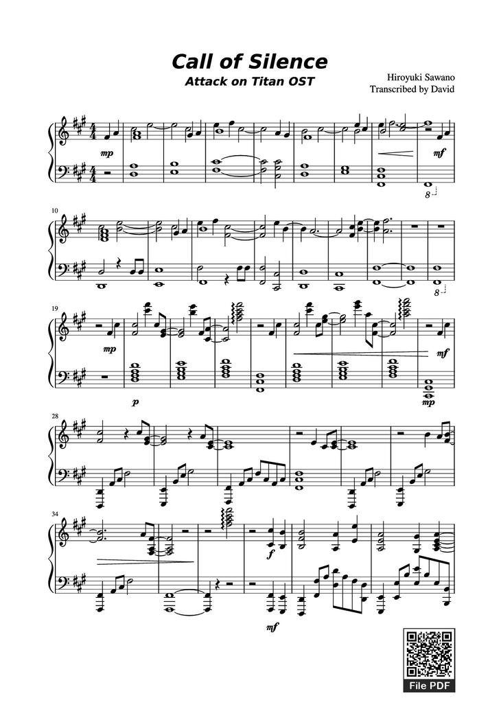 Page 1 of the piano sheet music PDF Piano - Call of Silence Piano by Hiroyuki Sawano