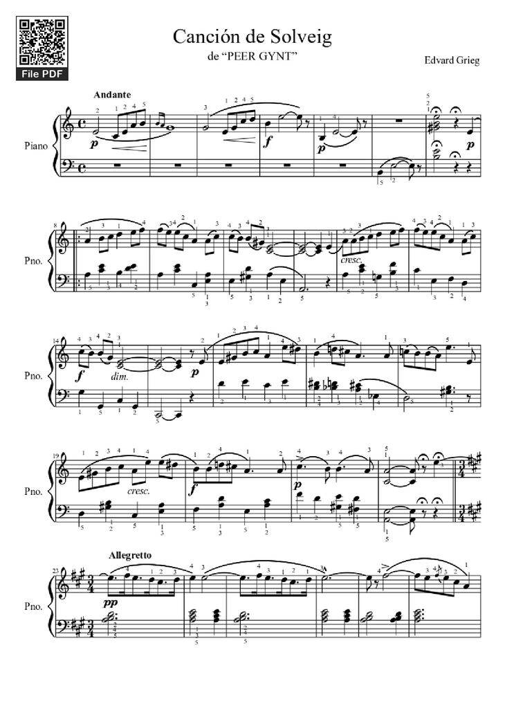 Page 1 of the piano sheet music PDF Piano - Canción de Solveig Piano by Edvard Grieg