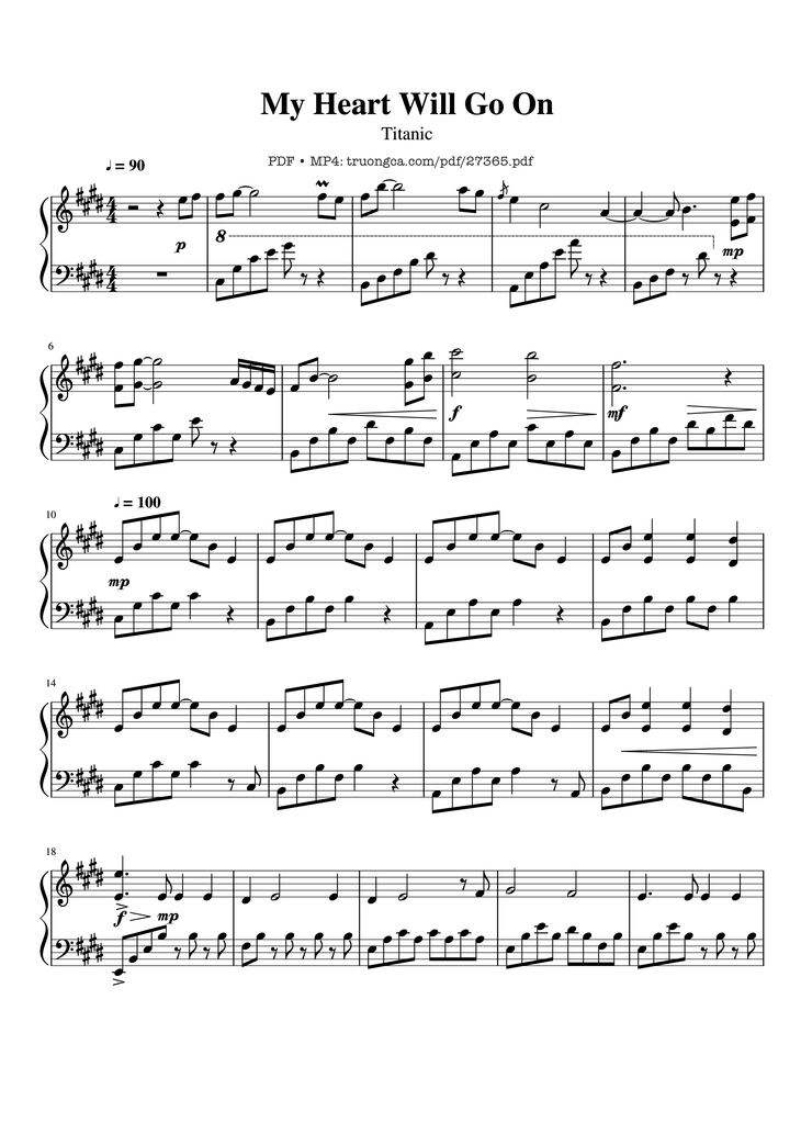 Page 1 of the piano sheet music PDF Piano - My Heart Will Go On Piano by Céline Dion