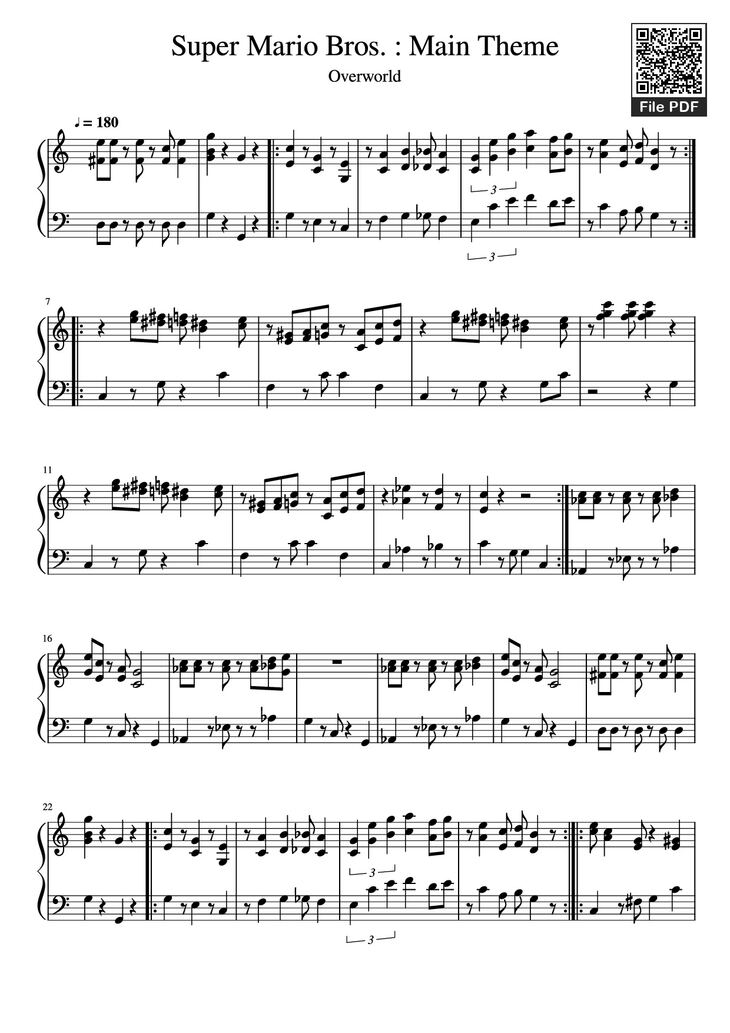 Page 1 of the piano sheet music PDF Piano - Super Mario Bros. : Main Theme Piano by Undefined