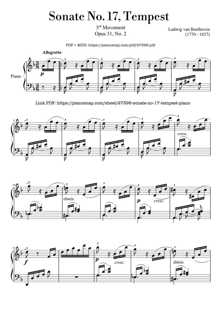 Page 1 of the piano sheet music PDF Piano - Sonate No. 17, Tempest (3rd Movement) by Beethoven