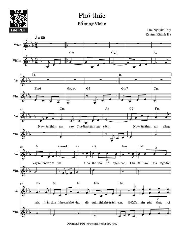 Page 1 of the piano sheet music PDF - Phó Thác (Thêm bè Violin) by Nguyễn Duy