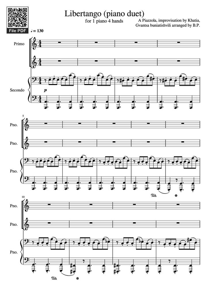 Page 1 of the piano sheet music PDF Piano - Libertango (piano duet) by Astor Piazzolla
