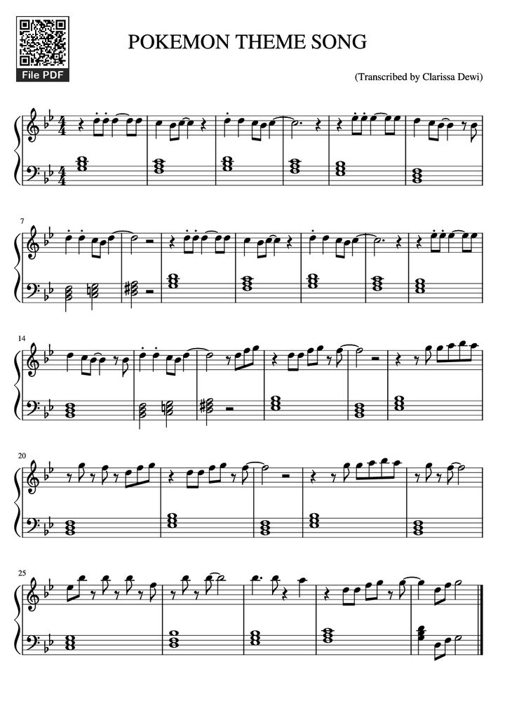 Page 1 of the piano sheet music PDF Piano - POKEMON THEME SONG Piano by Transcribed by Clarissa Dewi