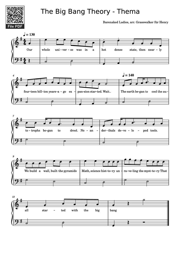 Page 1 of the piano sheet music PDF Piano - The Big Bang Theory - Thema Piano by Barenaked Ladies, arr. Grasswalker für Henry
