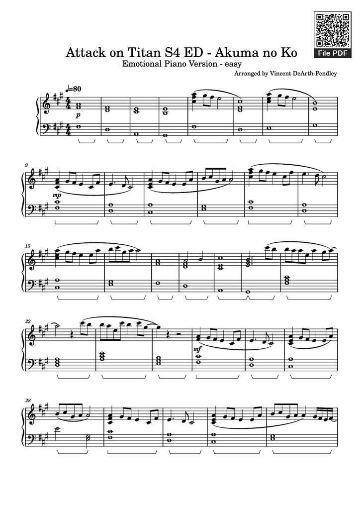 Page 1 of the piano sheet music PDF Piano - Attack on Titan S4 ED - Akuma no Ko Piano by Arranged by Vincent DeArth-Pendley