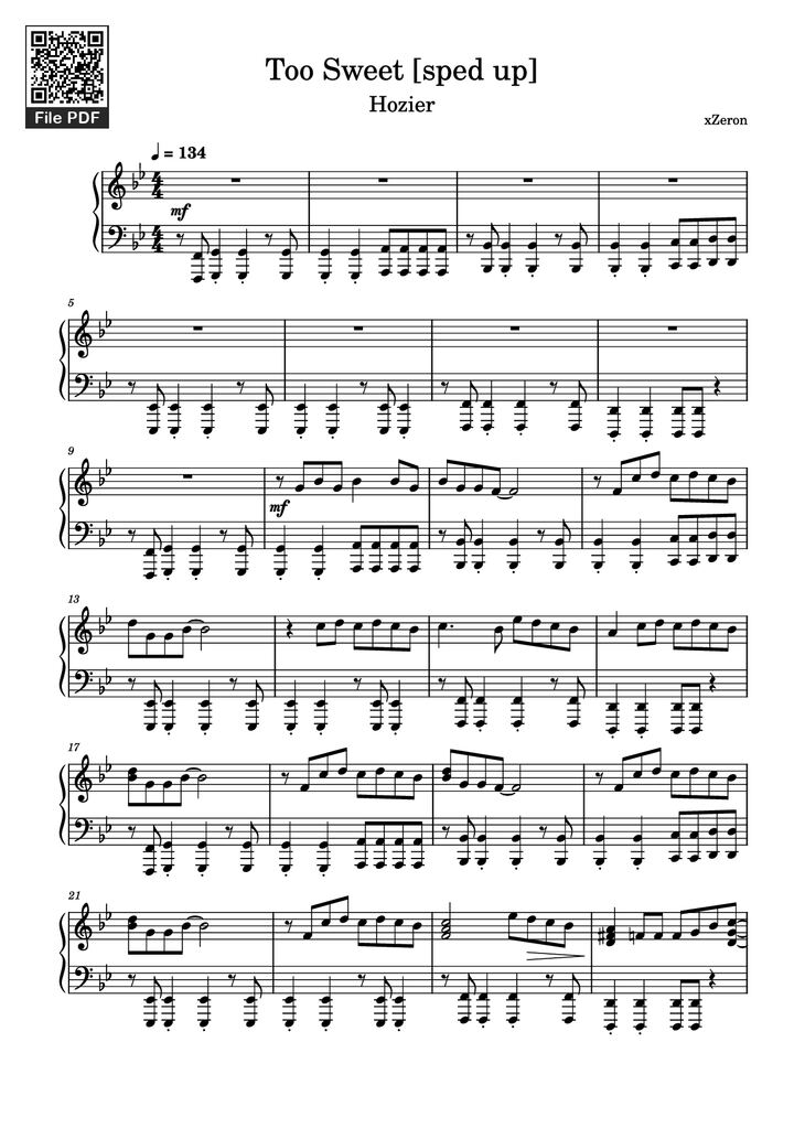 Page 1 of the piano sheet music PDF Piano - Too Sweet [sped up] Piano by XZeron