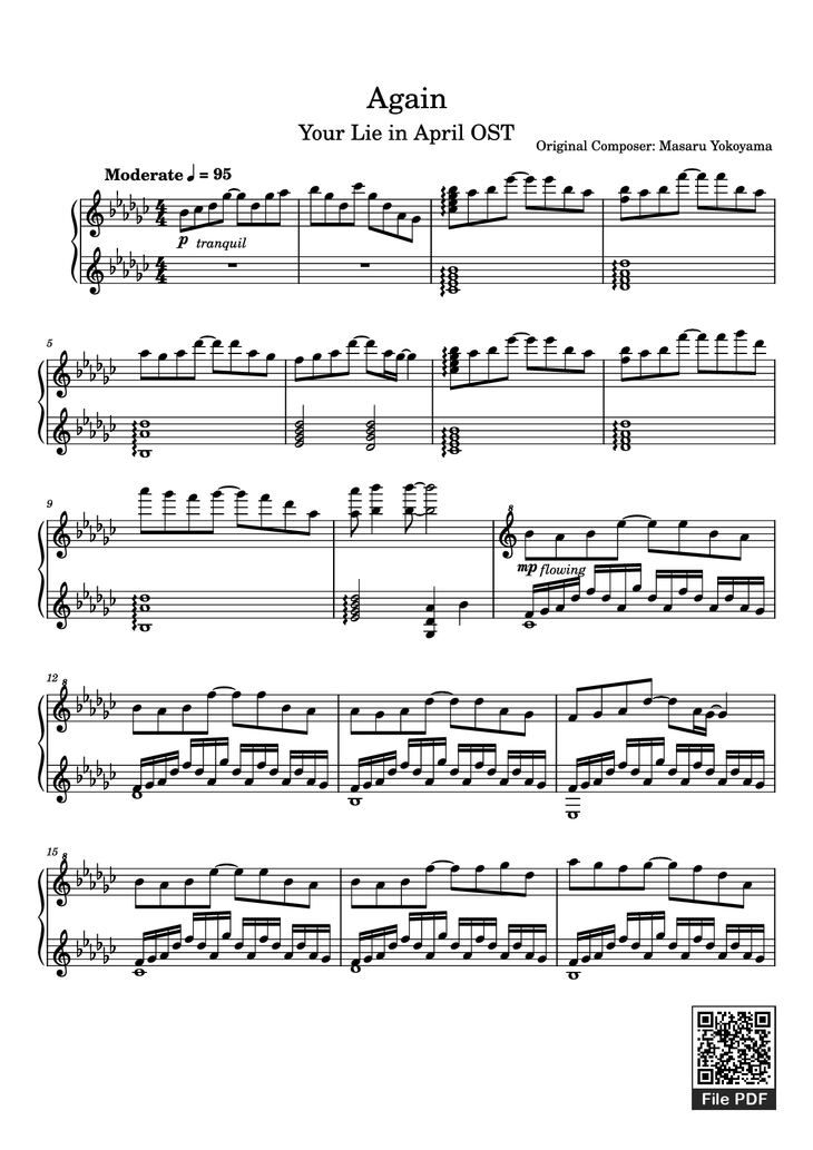 Page 1 of the piano sheet music PDF Piano - Again Piano by Original Composer: Masaru Yokoyama