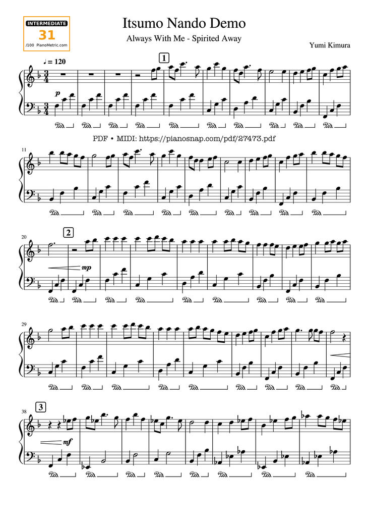 Page 1 of the piano sheet music PDF Piano - Always with Me (Itsumo Nando Demo) by Joe Hisaishi