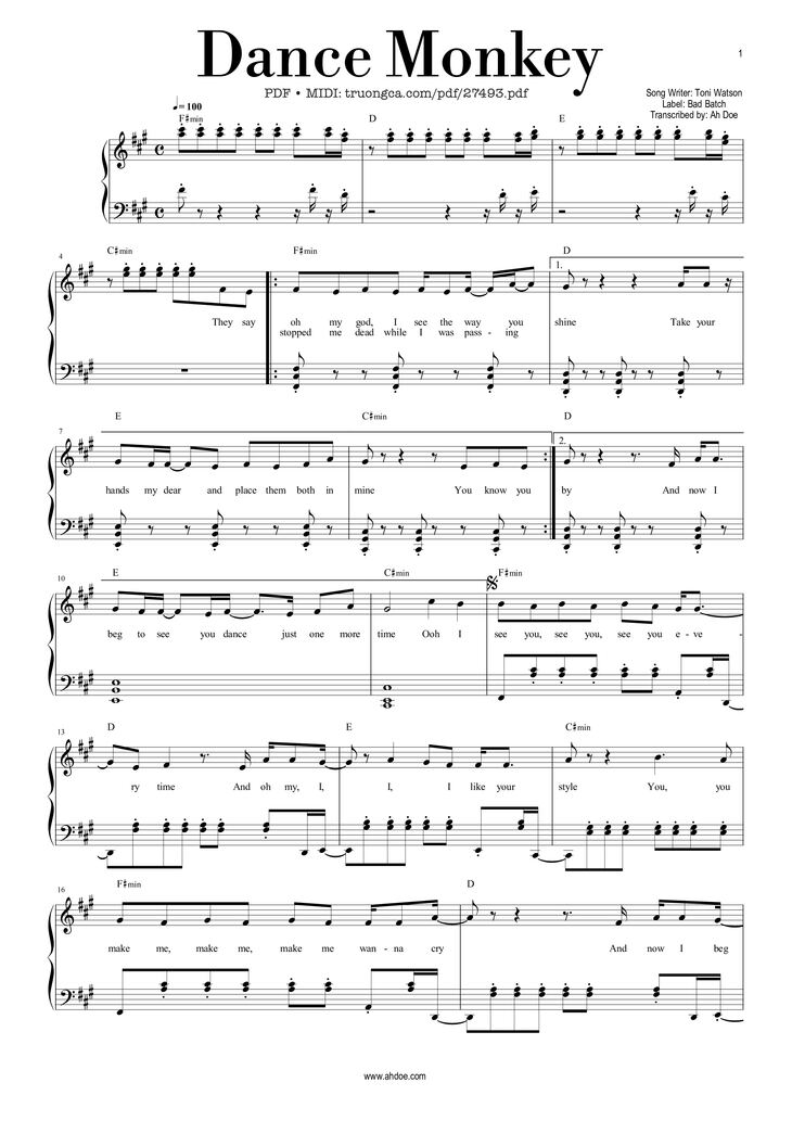 Page 1 of the piano sheet music PDF - Dance Monkey by Toni Watson