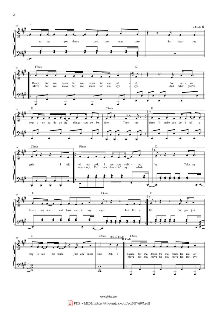 Page 2 of the piano sheet music PDF - Dance Monkey by Toni Watson