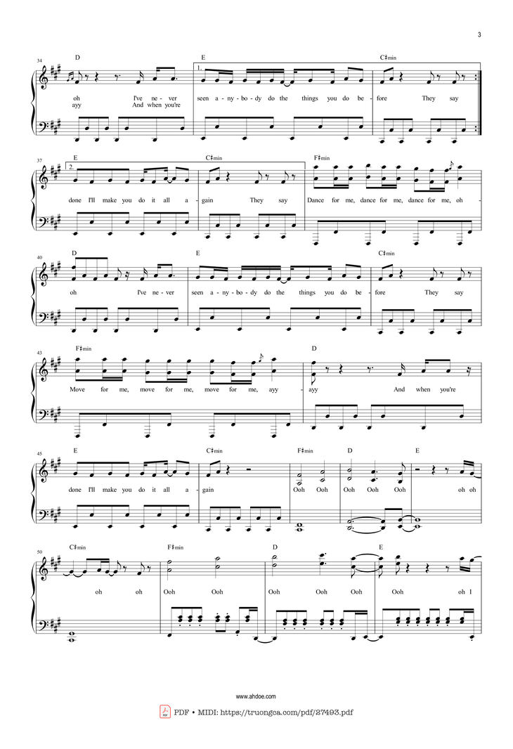 Page 3 of the piano sheet music PDF - Dance Monkey by Toni Watson