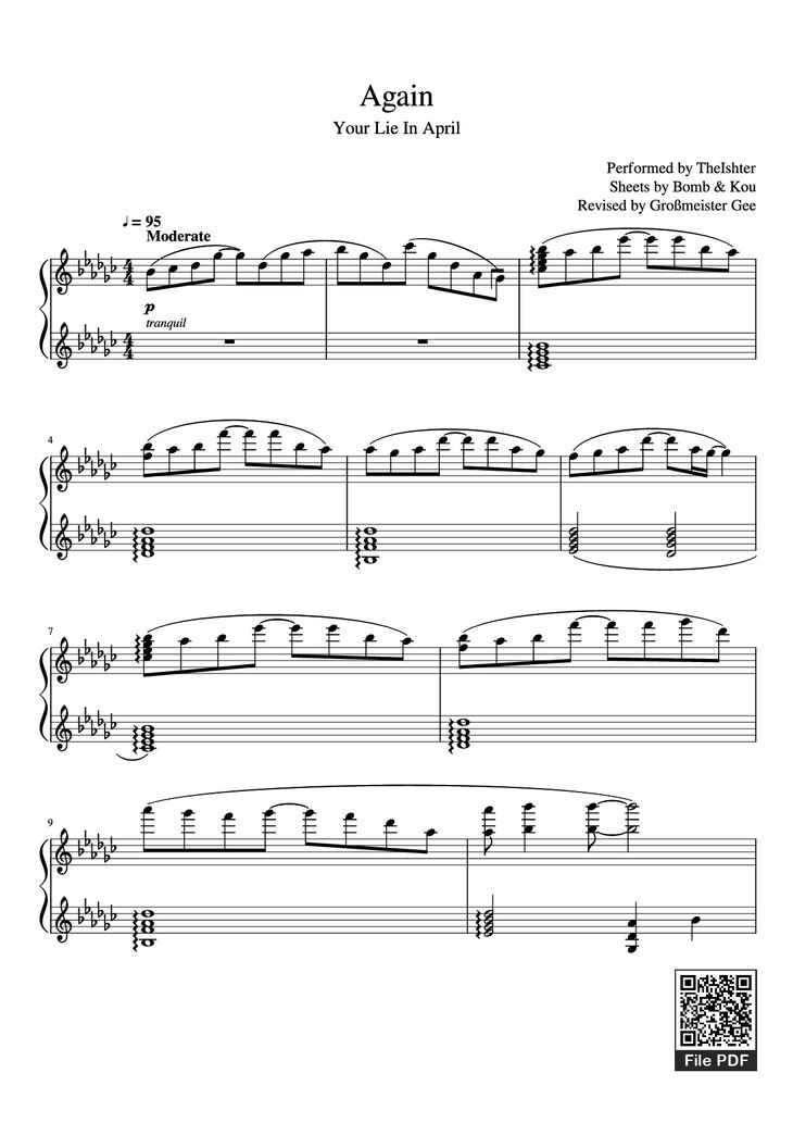 Page 1 of the piano sheet music PDF Piano - Again Piano by Performed by TheIshter Sheets by Bomb & Kou Revised by Großmeister Gee