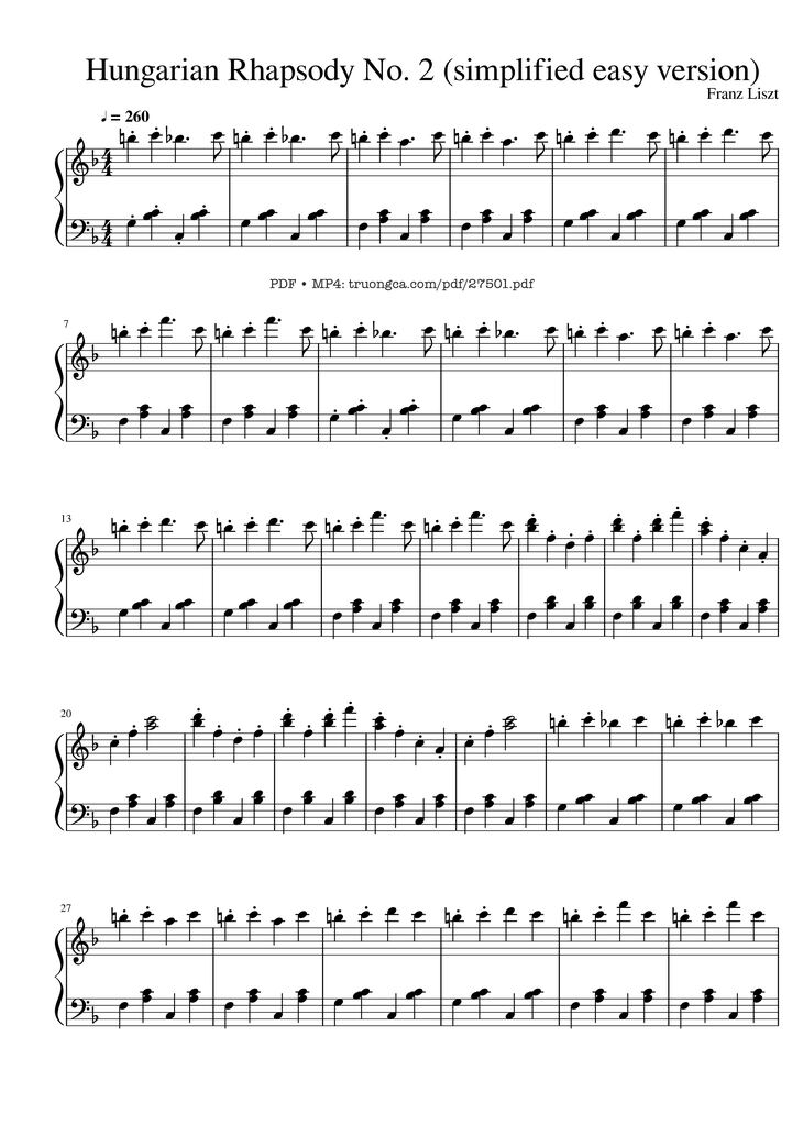 Page 1 of the piano sheet music PDF Piano - Hungarian Rhapsody No. 2 (easy) by Franz Liszt