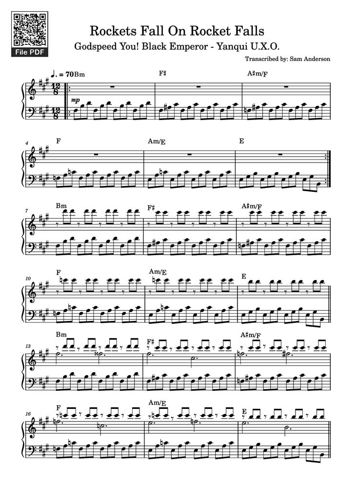 Page 1 of the piano sheet music PDF - Rockets Fall On Rocket Falls Piano by Transcribed by: Sam Anderson