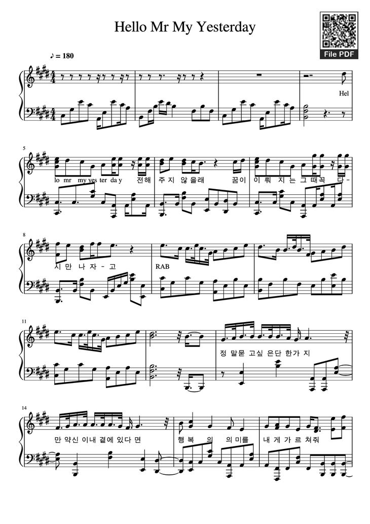Page 1 of the piano sheet music PDF Piano - Hello Mr My Yesterday Piano by Undefined