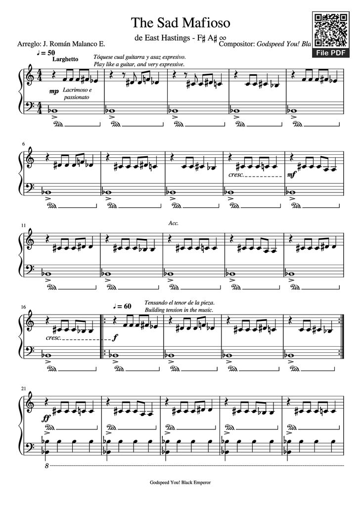 Page 1 of the piano sheet music PDF - The Sad Mafioso Piano by Compositor: Godspeed You! Black Emperor