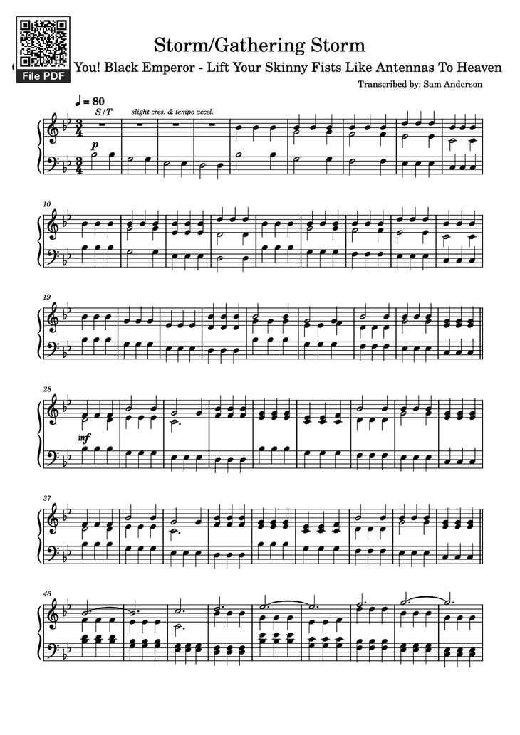Page 1 of the piano sheet music PDF - Storm/Gathering Storm Piano by Transcribed by: Sam Anderson