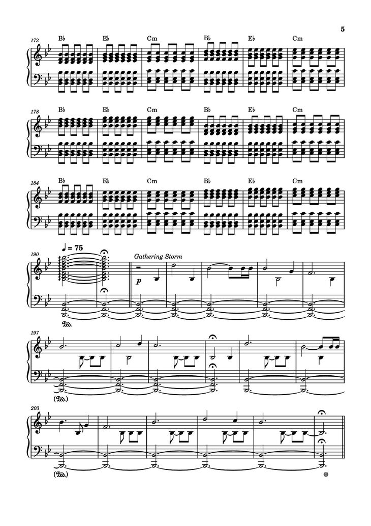 Page 5 of the piano sheet music PDF - Storm/Gathering Storm Piano by Transcribed by: Sam Anderson