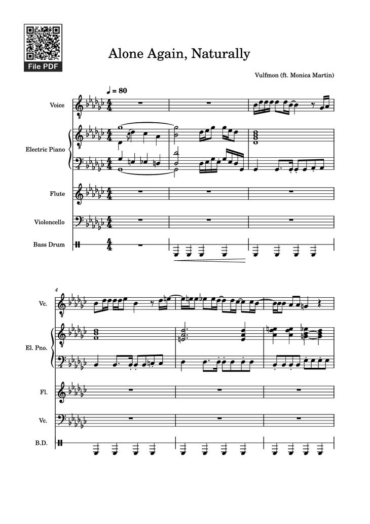 Page 1 of the piano sheet music PDF Piano Guitar Tab - Alone Again, Naturally Piano by Vulfmon (ft. Monica Martin
