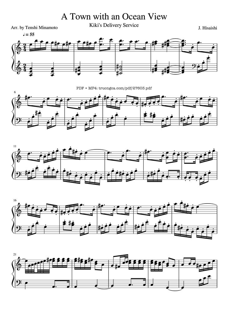 Page 1 of the piano sheet music PDF Piano - A Town with an Ocean View Piano (Advance) by Joe Hisaishi