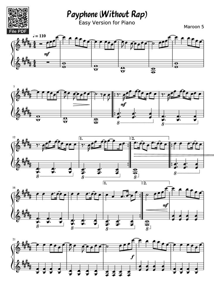 Page 1 of the piano sheet music PDF Piano - Payphone (Without Rap) Piano by Maroon 5