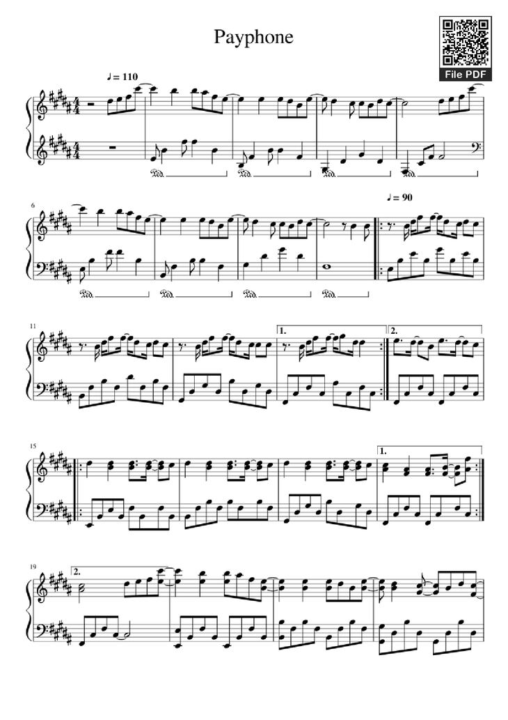 Page 1 of the piano sheet music PDF Piano - Payphone Piano by Undefined