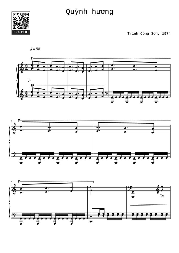 Page 1 of the piano sheet music PDF Piano - Quỳnh hương Piano by Trịnh Công Sơn, 1974