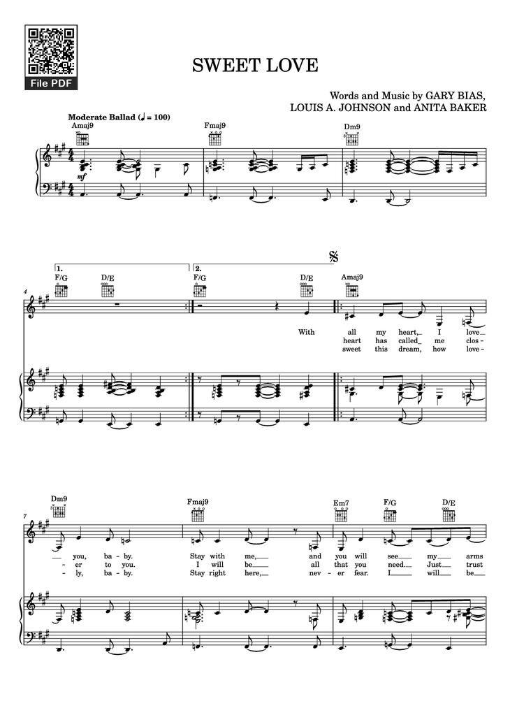 Page 1 of the piano sheet music PDF Piano - SWEET LOVE Piano by Words and Music by GARY BIAS