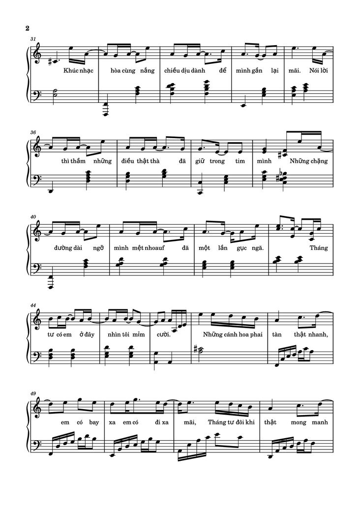 Page 2 of the piano sheet music PDF Piano - Tháng Tư Là Lời Nói Dối Của Em Piano (easy) by Hà Anh Tuấn