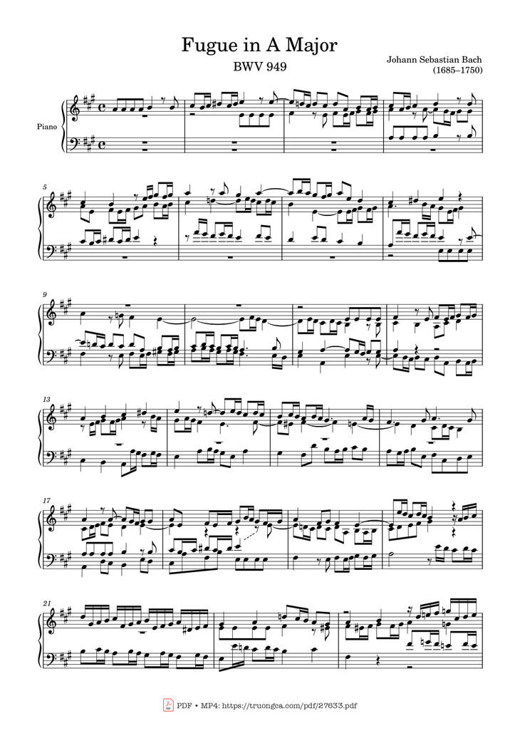 Page 1 of the piano sheet music PDF Piano - Fugue in A Major Piano by Johann Sebastian Bach