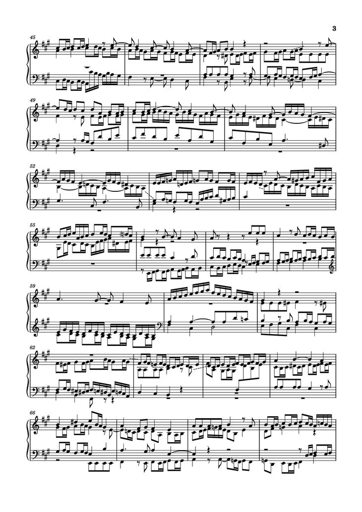Page 3 of the piano sheet music PDF Piano - Fugue in A Major Piano by Johann Sebastian Bach