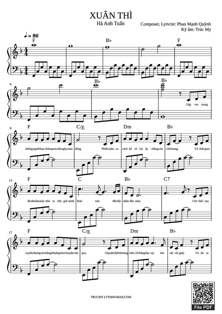 Page 1 of the piano sheet music PDF Piano - Xuân thì Piano cover by Phan Mạnh Quỳnh