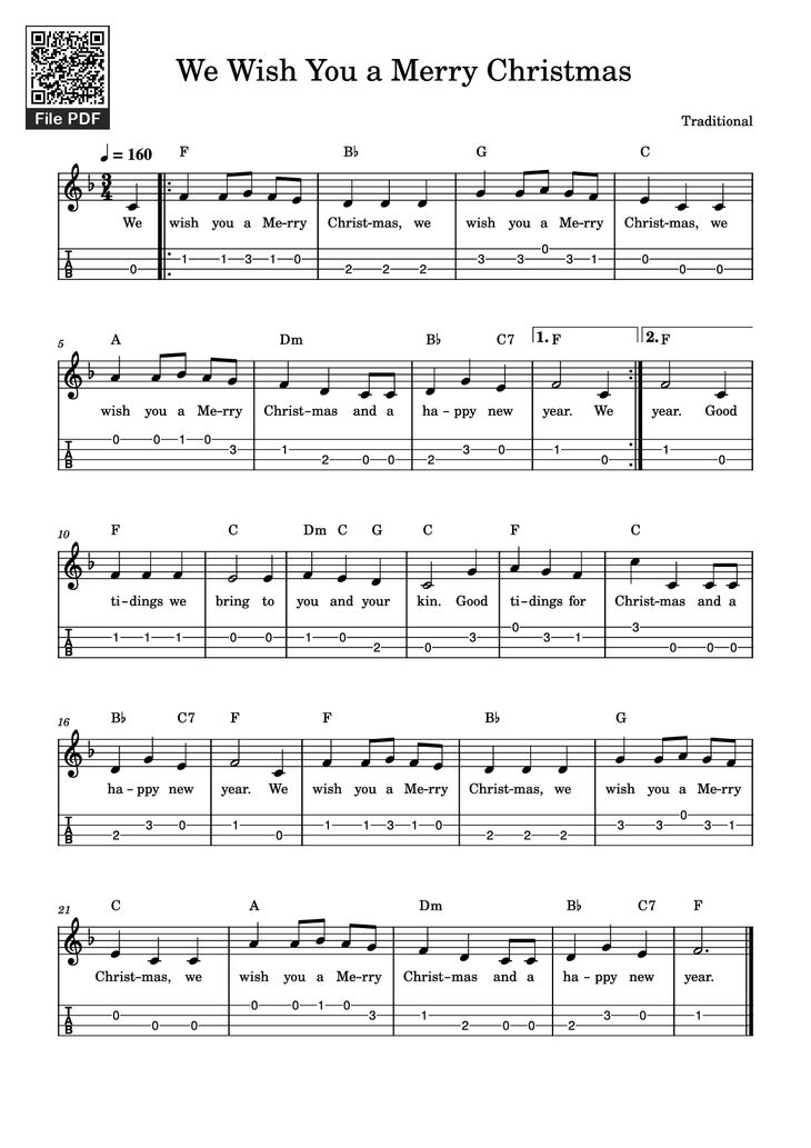Page 1 of the piano sheet music PDF Piano - We Wish You a Merry Christmas Guitar by Traditional