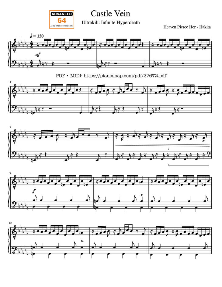 Page 1 of the piano sheet music PDF Piano - Castle Vein Piano by Heaven Pierce Her - Hakita