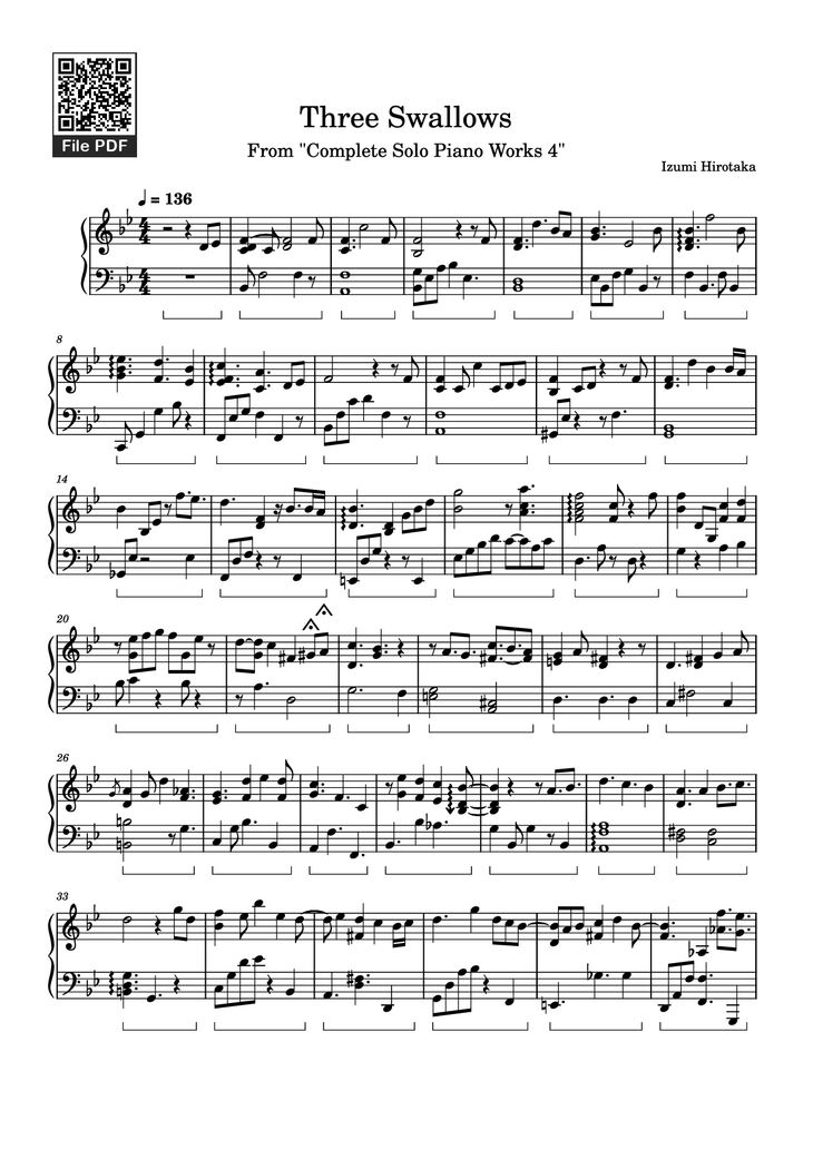 Page 1 of the piano sheet music PDF Piano - Three Swallows Piano by Izumi Hirotaka