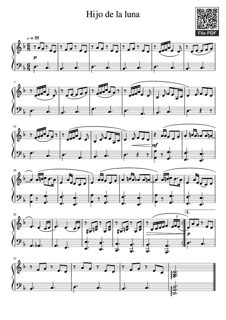 Page 1 of the piano sheet music PDF Piano - Hijo de la luna Piano by Undefined