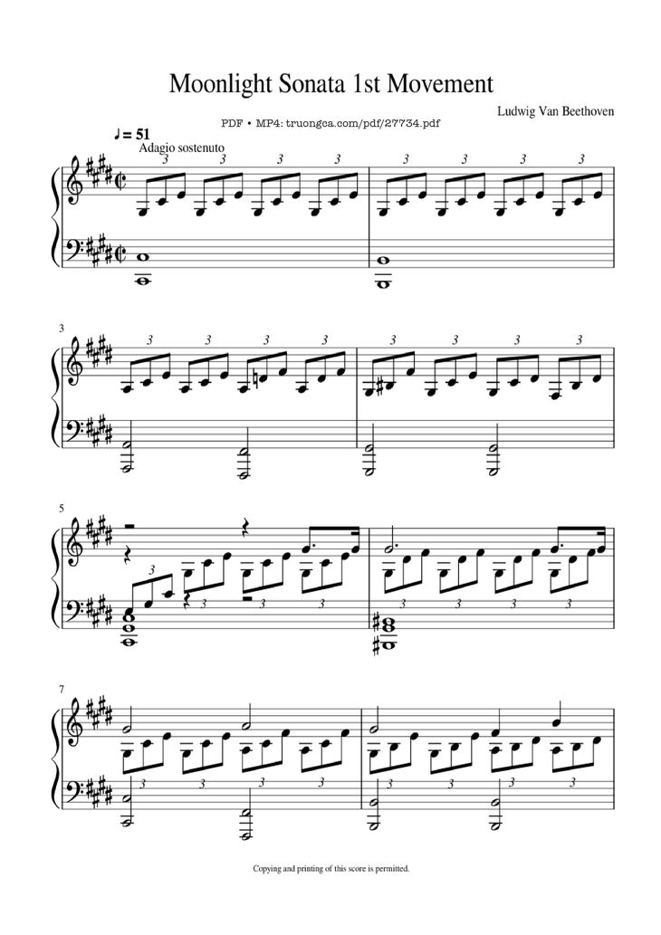Page 1 of the piano sheet music PDF Piano - Moonlight Sonata 1st Movement Piano by Ludwig Van Beethoven