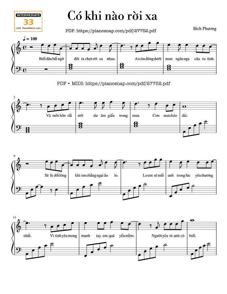 Page 1 of the piano sheet music PDF - Có khi nào rời xa Piano by Bích Phương