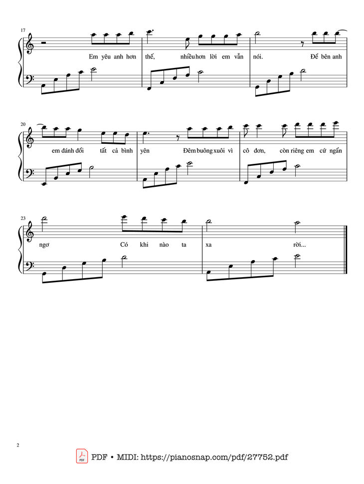 Page 2 of the piano sheet music PDF - Có khi nào rời xa Piano by Bích Phương