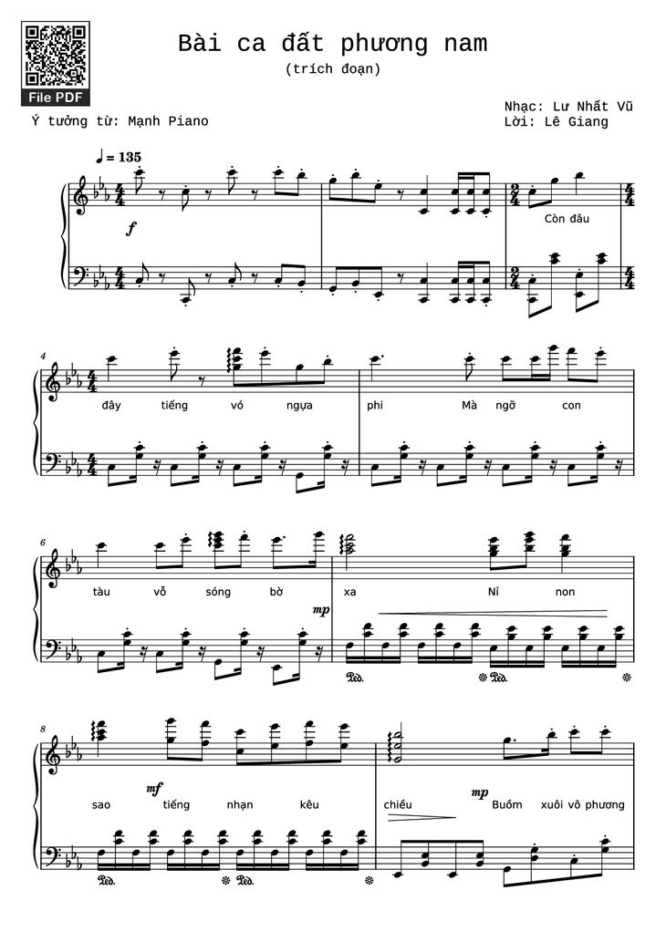 Page 1 of the piano sheet music PDF Piano - Bài ca đất phương nam Piano by Lư Nhất Vũ