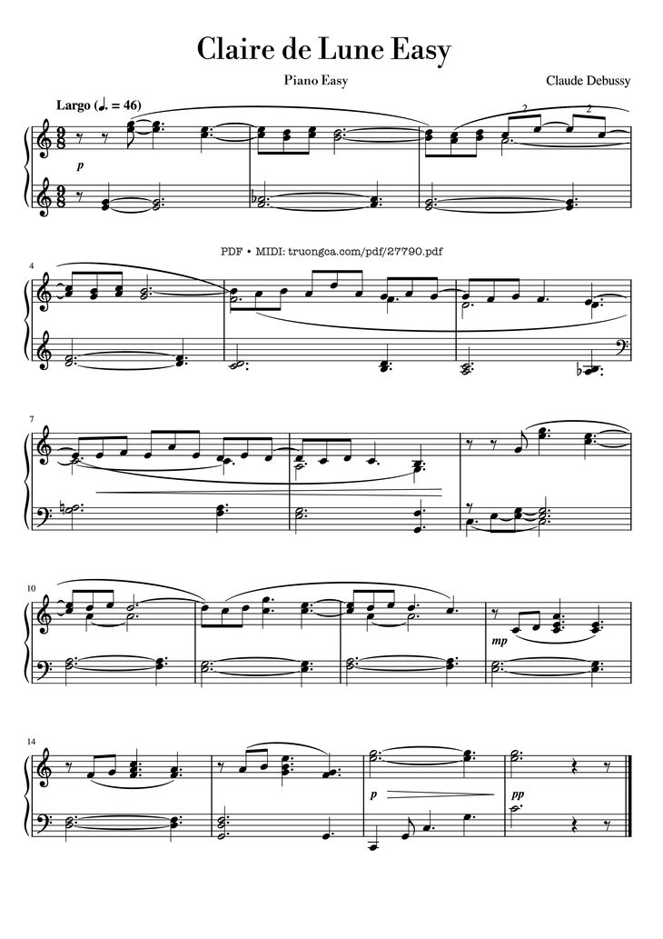 Page 1 of the piano sheet music PDF Piano - Claire de Lune Easy Piano by Claude Debussy