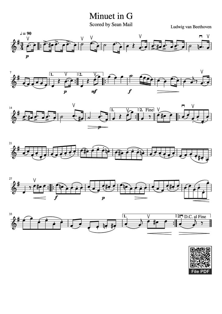 Page 1 of the piano sheet music PDF - Minuet in G Violin by Ludwig van Beethoven