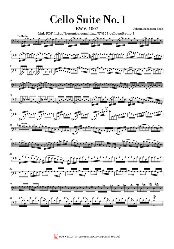Page 1 of the piano sheet music PDF - Bach Cello Suite No. 1 by Johann Sebastian Bach