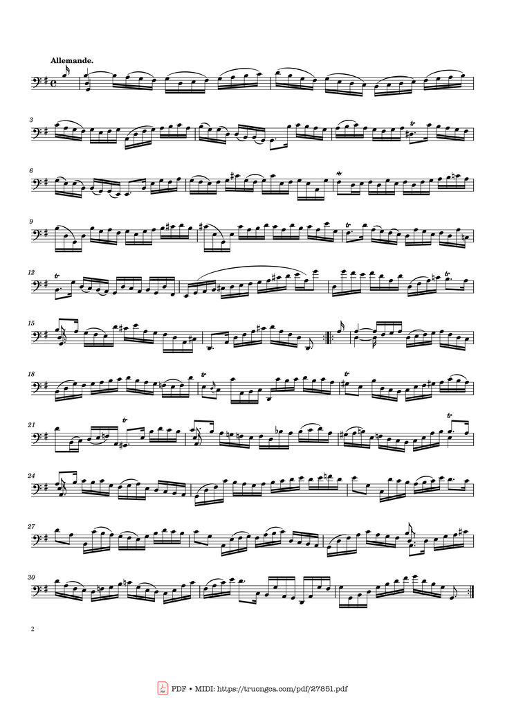 Page 2 of the piano sheet music PDF - Bach Cello Suite No. 1 by Johann Sebastian Bach