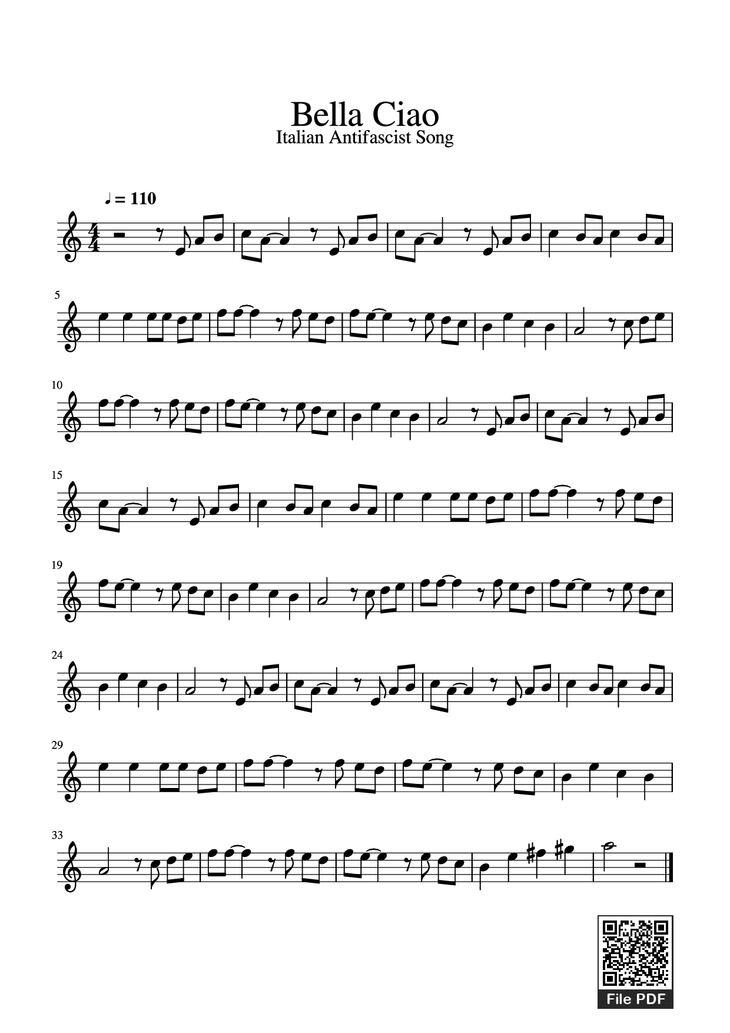 Page 1 of the piano sheet music PDF - Bella Ciao Violin by Undefined