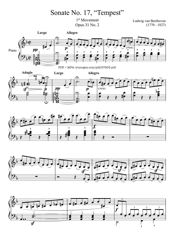 Page 1 of the piano sheet music PDF Piano - Sonate No. 17, Tempest (1st Movement) by Ludwig van Beethoven
