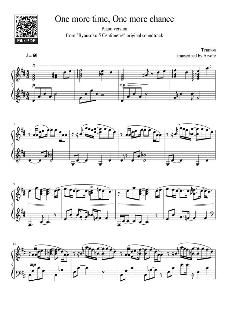Page 1 of the piano sheet music PDF Piano - One more time, One more chance Piano version from Byousoku 5 Centimetre original soundtrack by Tenmon transcribed by Aryore